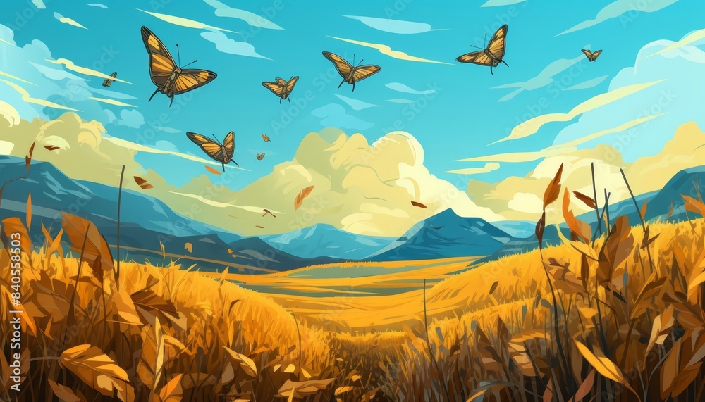 Locust swarming patterns flat design, front view, agricultural impact theme, animation, vivid