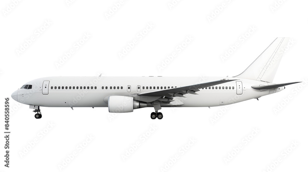 Side view of a commercial airplane with a white exterior isolated on a transparent background, ideal for travel and aviation themes. Side view of a commercial airplane with a white exterior isolated on a transparent background, ideal for travel and aviation themes.