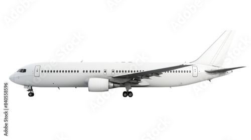 Side view of a commercial airplane with a white exterior isolated on a transparent background, ideal for travel and aviation themes.