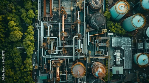 Aerial view of an industrial facility with complex piping and tanks surrounded by greenery, showcasing the contrast between industry and nature. © sorrakrit