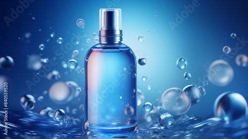 Serene Blue Bubble Skincare Elixir with Collagen and Vitamins on Water Surface - 3D Rendering Stock Illustration