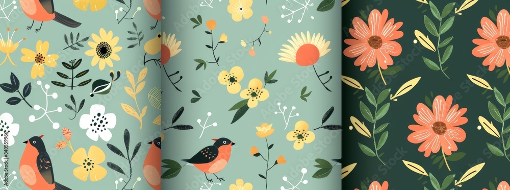 Flowering plants. Simple Various Flowers and Leaves, birds. Various designs of flowers and leaves. Colorful Modern Seamless Patterns. Floral design, Naive art. Colorful trendy illustration. Colorful Flowering plants. Simple Various Flowers and Leaves, birds. Various designs of flowers and leaves. Colorful Modern Seamless Patterns. Floral design, Naive art. Colorful trendy illustration. Colorful