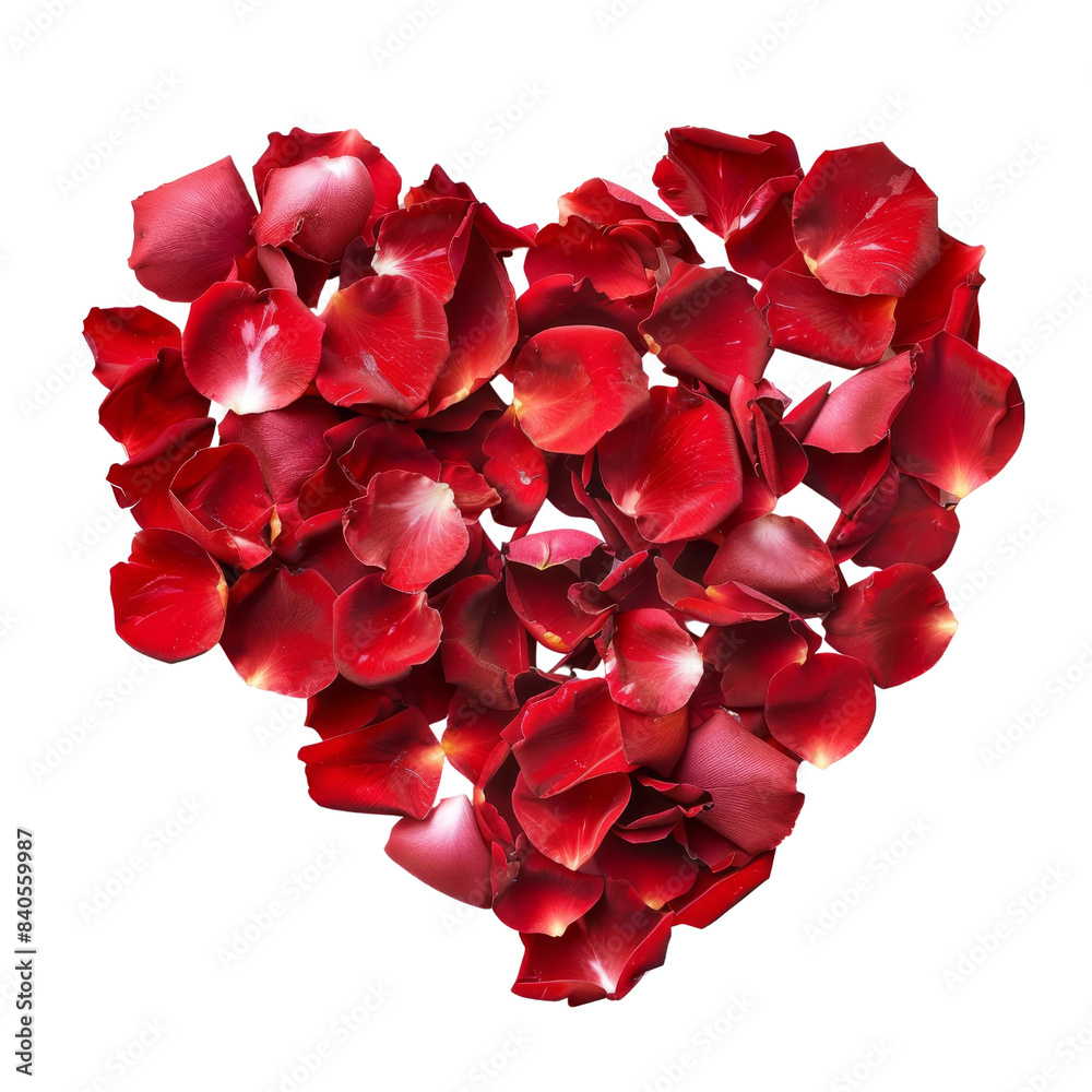 Red rose petals arranged in a heart shape, symbolizing love and romance. Perfect for Valentine's Day or romantic occasions. transparent background.