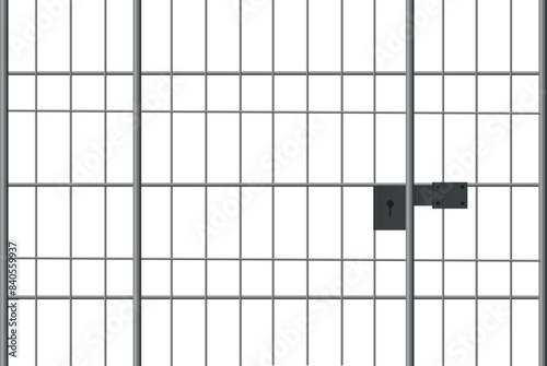 Prison cage with locked door metal bars isolated on white background. Realistic metal prison bars. Vector stock
