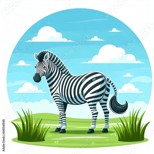 A zebra is standing in an open field  photo