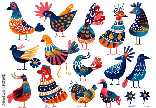 A collection of birds with various folk ornaments. Paper cut scandinavian style. Flat design. Hand drawn colored modern set. Modern trendy illustration. All elements isolated.