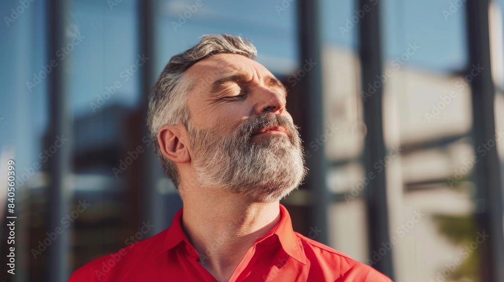 As he stands outdoors during a break from work, a happy businessman keeps his eyes closed and takes a deep breath. As he stands outdoors during a break from work, a happy businessman keeps his eyes closed and takes a deep breath.
