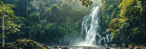 Jungle Water. Stunning Waterfall in Lush Forest Landscape as Refreshing Nature Background