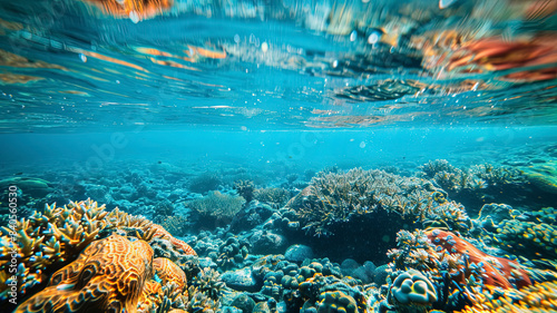 coral blue water in the ocean  oceanic view  underwater life scene  coral blue background