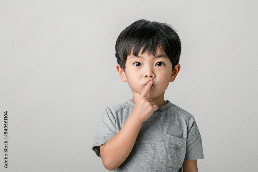 White studio background with an Asian muslim toddler showing a silence gesture White studio background with an Asian muslim toddler showing a silence gesture