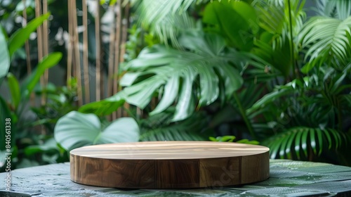 natural product display wooden round podium on green plant background