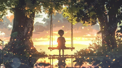 nostalgic anime scene of a young boy sitting alone on a park swing evoking childhood memories and emotions digital illustration photo