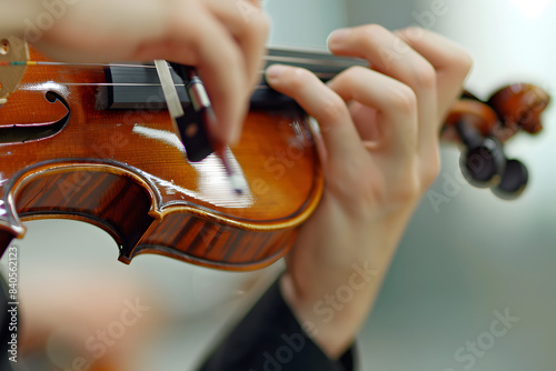 A detailed shot of a violinist's fingers on the strings, with a soft, blurred background providing ample copy space for music lessons or performance promotions