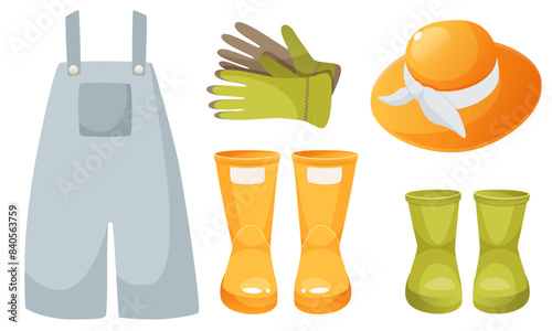 A set of colorful gardening clothes, clothes for a farmer. Denim overalls, rubber boots, gloves, hat. Vector illustration of stylish protective clothing for agriculture photo