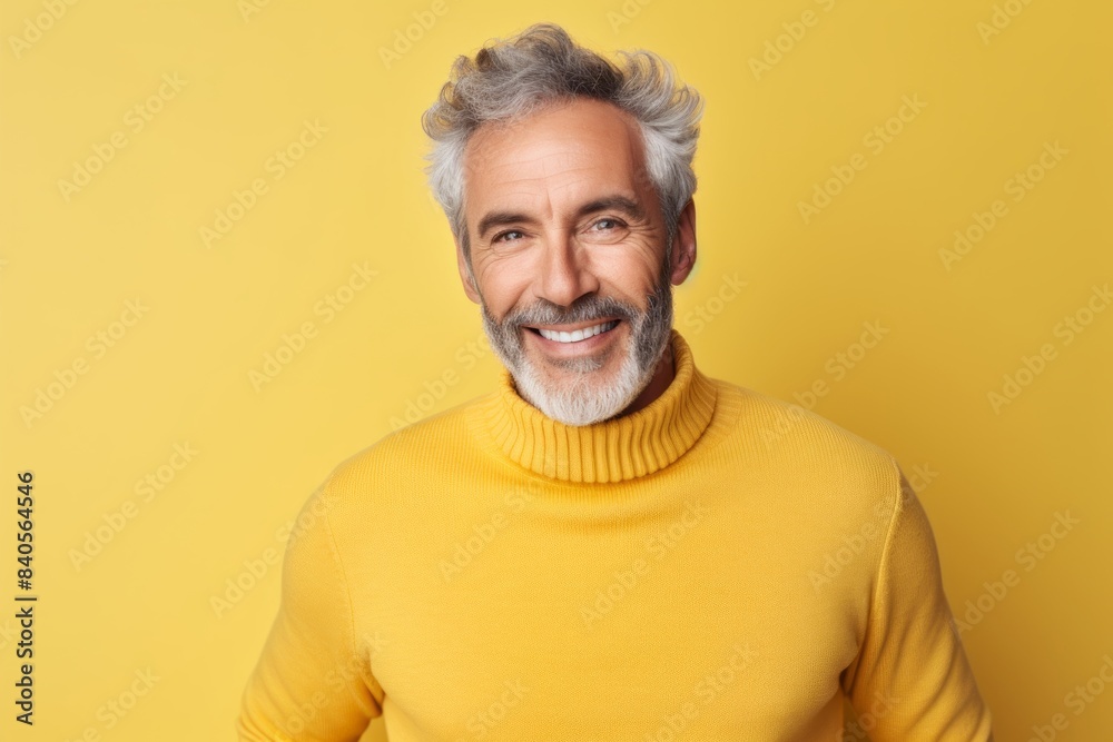 Portrait of a satisfied man in his 60s showing off a thermal merino wool top in soft yellow background Portrait of a satisfied man in his 60s showing off a thermal merino wool top in soft yellow background