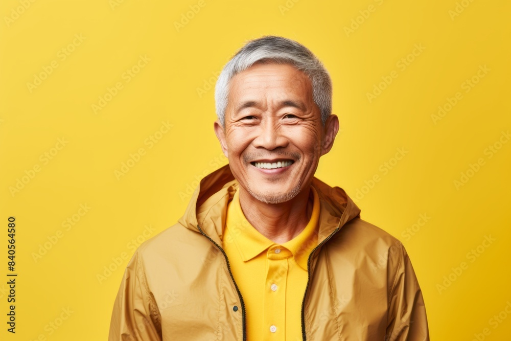 Portrait of a smiling asian man in his 60s dressed in a breathable mesh vest in soft yellow background Portrait of a smiling asian man in his 60s dressed in a breathable mesh vest in soft yellow background