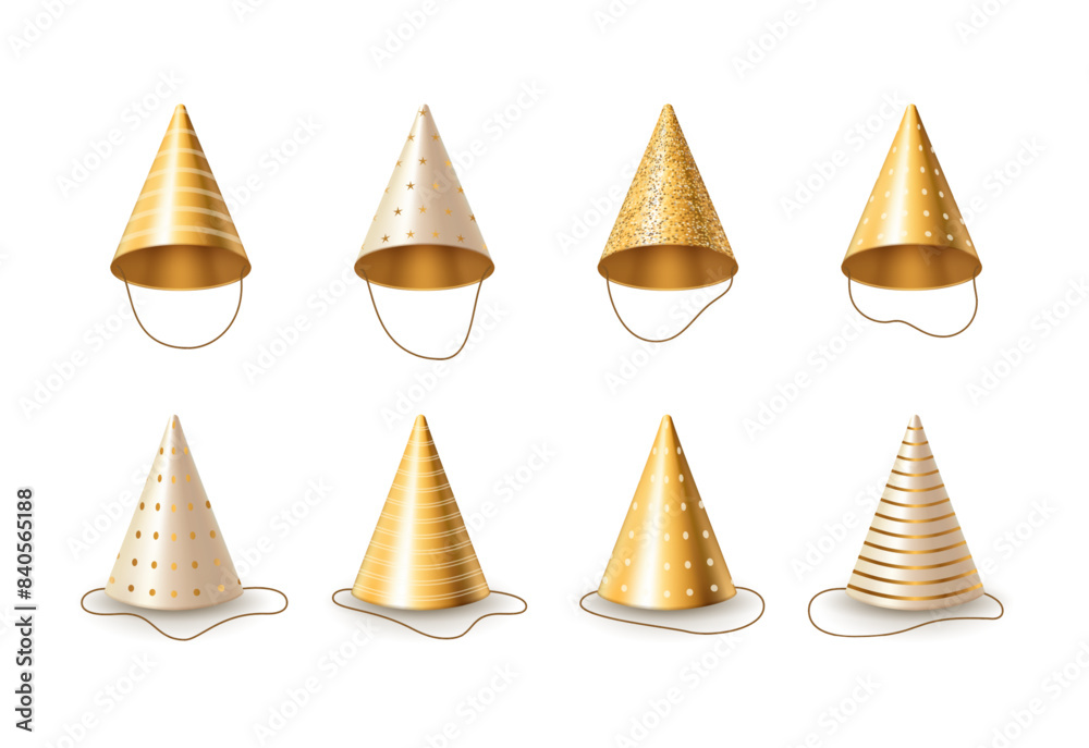Birthday party hats. Set of festive golden caps with different patterns. Collection of decorative design elements Birthday party hats. Set of festive golden caps with different patterns. Collection of decorative design elements