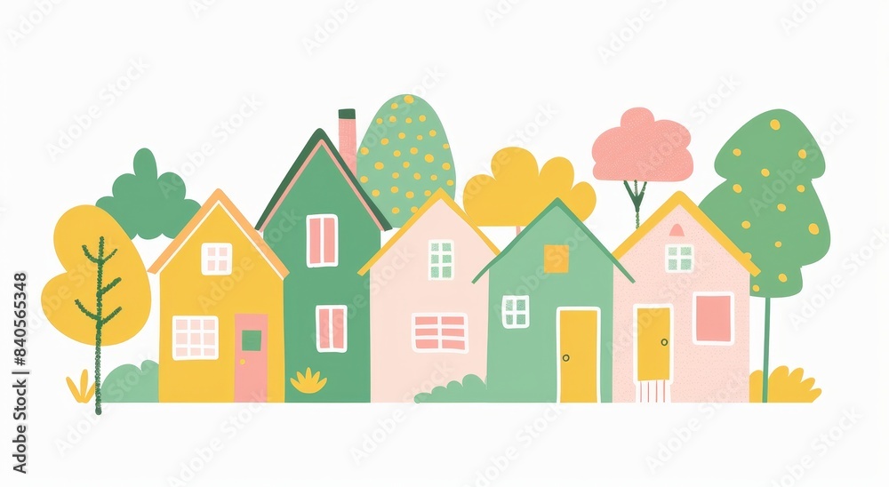 Small tiny houses. Paper cut cartoon minimal style. Flat design. Hand drawn Modern illustration. Isolated design elements. Building, sweet home, real estate concept. Small tiny houses. Paper cut cartoon minimal style. Flat design. Hand drawn Modern illustration. Isolated design elements. Building, sweet home, real estate concept.