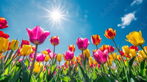 A stunning desktop wallpaper featuring a vibrant tulip field in full bloom  showcasing a mix of red  yellow  and pink tulips under the bright sun. Crisp and vivid colors for a lively display
