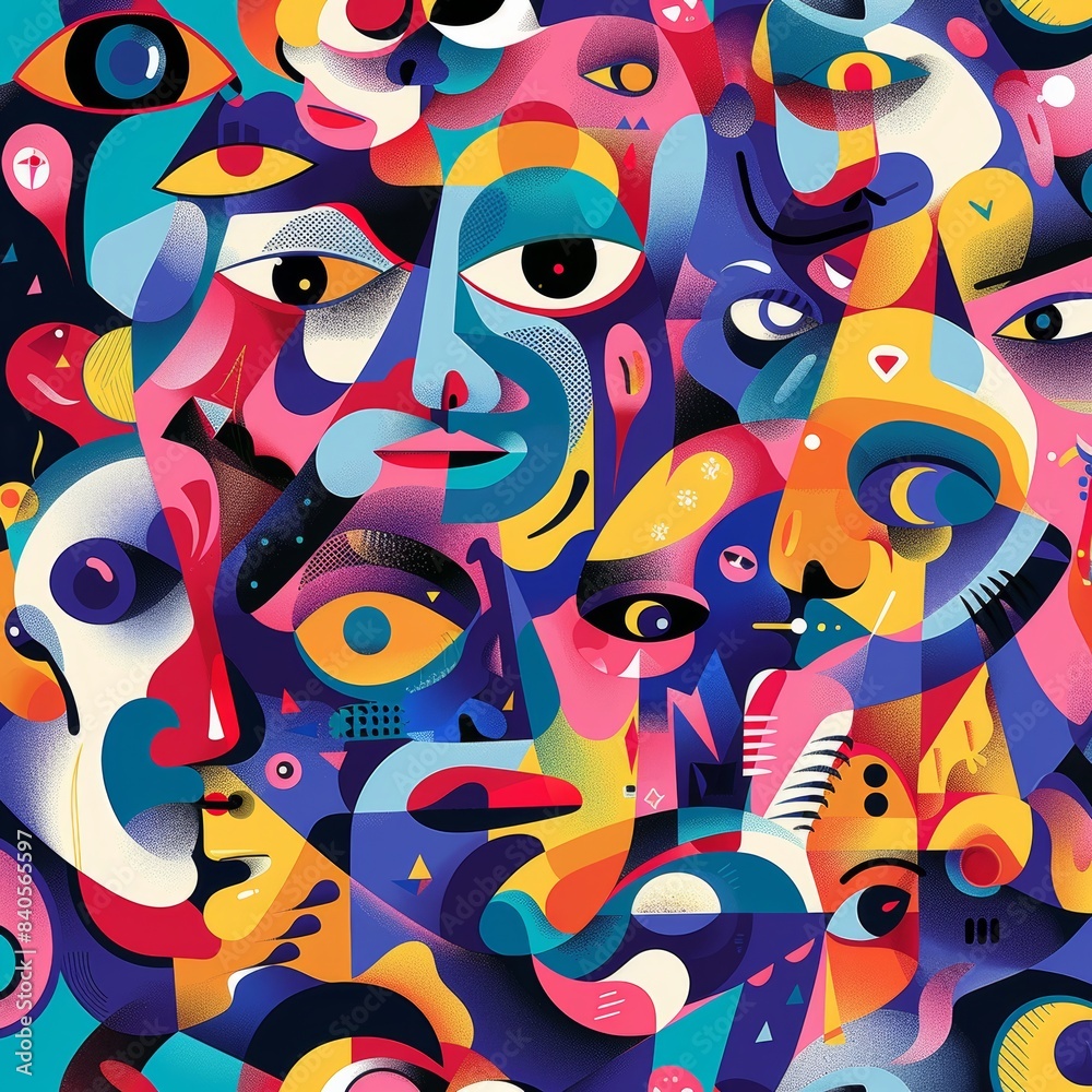 There are various abstract cartoon creatures, doodle shapes and objects. Bird, star, eyes, boots. Hand drawn illustration. Square seamless pattern. Background, wallpaper. Repeating design element. There are various abstract cartoon creatures, doodle shapes and objects. Bird, star, eyes, boots. Hand drawn illustration. Square seamless pattern. Background, wallpaper. Repeating design element.
