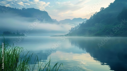 A tranquil lake at dawn with fog rolling over the still water, surrounded by lush greenery and mountains. Scenic nature with soft lighting and serene atmosphere photo