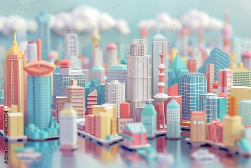 Anime city skyline flat design, top view, minimalist theme, 3D render, Triadic Color Scheme