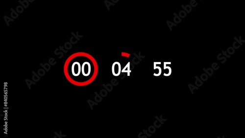 5 minutes countdown hours, mins, seconds isolated on black 