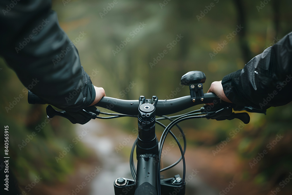 Fototapeta premium A close-up of a cyclist's hand gripping the handlebar, with a blurred background providing plenty of copy space for cycling gear or fitness content 