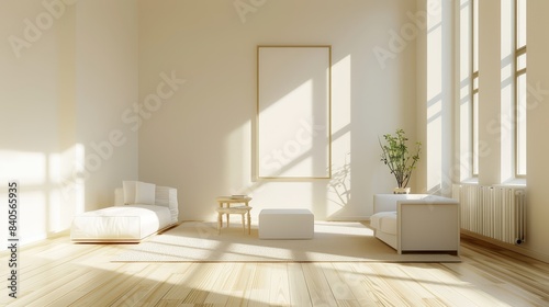 Bright minimalist living room with a rectangular frame mockup, sunlight casting soft shadows, white furniture, and light wood floors, wide-angle shot from corner