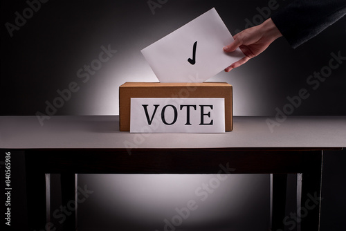 Foto Hand in puts ballot paper with tick sign into voting box
