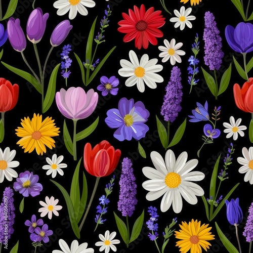 Floral illustration with a variety of colors and leaves. Square seamless pattern for printing. Template for fabrics  textiles  wallpaper  clothes and other fabrics.