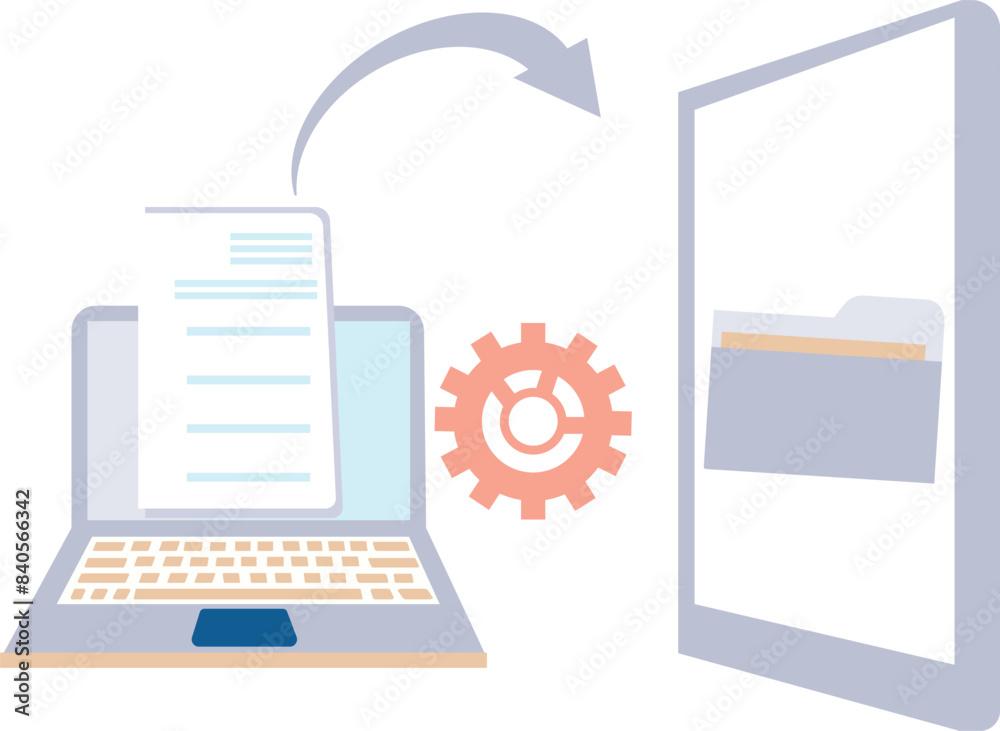 A document on a laptop is turning into a folder on a tablet. A document on a laptop is turning into a folder on a tablet.