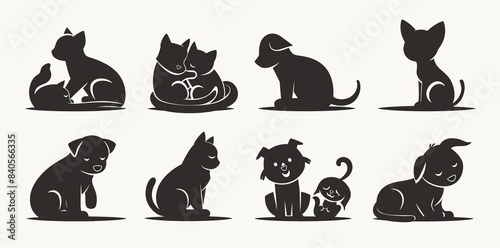 A set of three modern illustrations featuring hand drawn illustrations depicting human hands hugging dogs and cats. Animal care, adoption concept. Help homeless animals find homes. photo