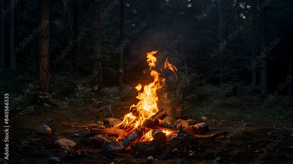Mesmerizing Flames of a Campfire Glowing in a Secluded Forest at Night Mesmerizing Flames of a Campfire Glowing in a Secluded Forest at Night