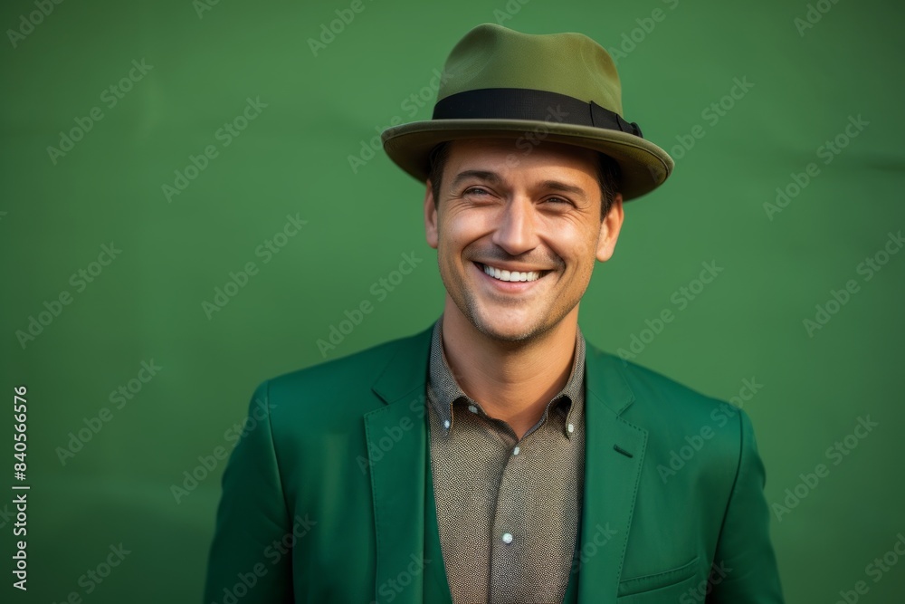 Portrait of a cheerful man in his 30s donning a classic fedora on soft green background Portrait of a cheerful man in his 30s donning a classic fedora on soft green background