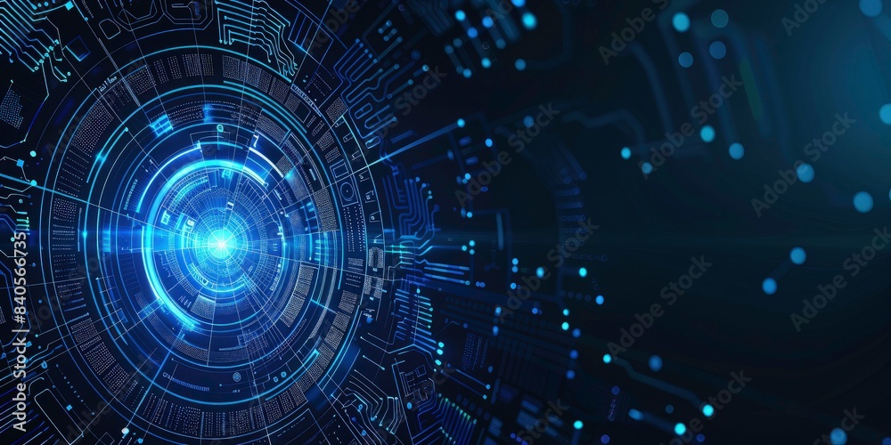 Fototapeta premium Abstract futuristic blue technology background with digital data and circuit board elements on dark background. Technology background with copy space