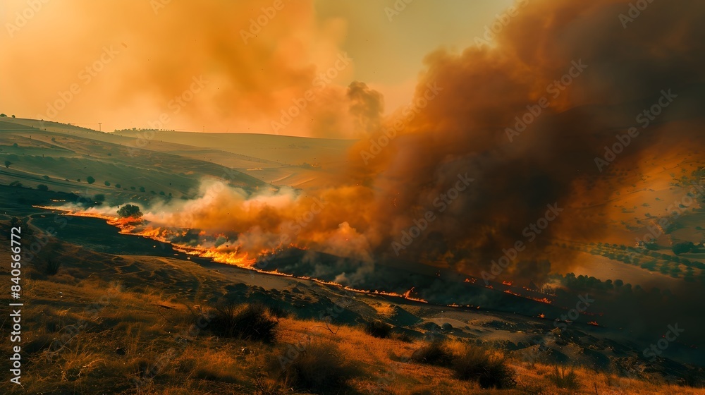 Fototapeta premium Dramatic Wildfire Spreading Across Dry Hillside With Billowing Smoke and Fiery Glow