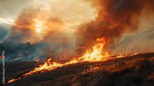 Dramatic Wildfire Spreading Across Dry Hillside with Smoke Billowing and Fiery Orange Glow