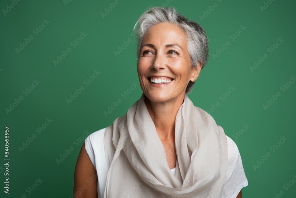 Portrait of a smiling woman in her 50s dressed in a breathable mesh vest in soft green background Portrait of a smiling woman in her 50s dressed in a breathable mesh vest in soft green background