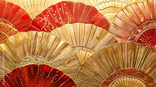 Red and gold oriental fan pattern texture poster background