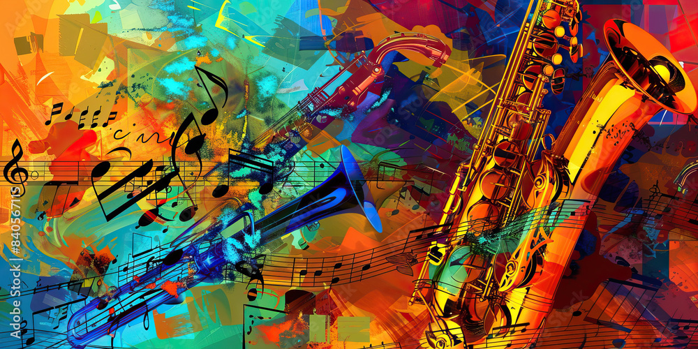 Eclectic Jazz Fusion: Music Notes on a Background with Jazz Instruments and Fusion Artwork Eclectic Jazz Fusion: Music Notes on a Background with Jazz Instruments and Fusion Artwork