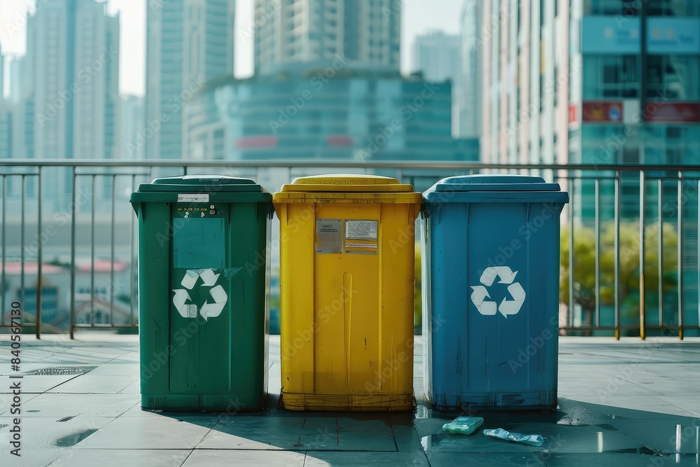 Container trash bin for recycling with city background. Yellow, green, blue bins for recycle plastic, paper and glass trash. Environmental awareness, recycling, waste management concept Container trash bin for recycling with city background. Yellow, green, blue bins for recycle plastic, paper and glass trash. Environmental awareness, recycling, waste management concept