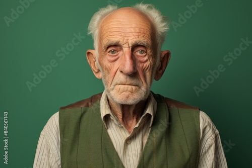 Portrait of a glad elderly 100 years old man dressed in a breathable mesh vest isolated on soft green background © CogniLens