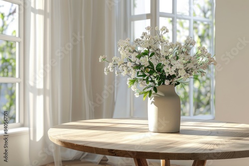 Stylish Scandinavian minimalistic interior with round wooden table and vase with white flowers