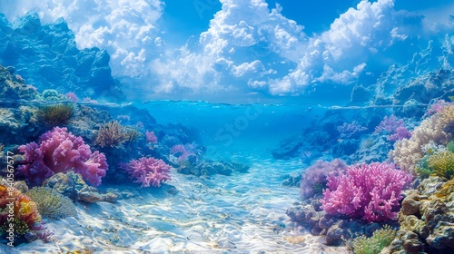 Vibrant underwater coral reef scene with colorful corals, clear blue water, and fluffy clouds in the sky, showcasing marine beauty. photo