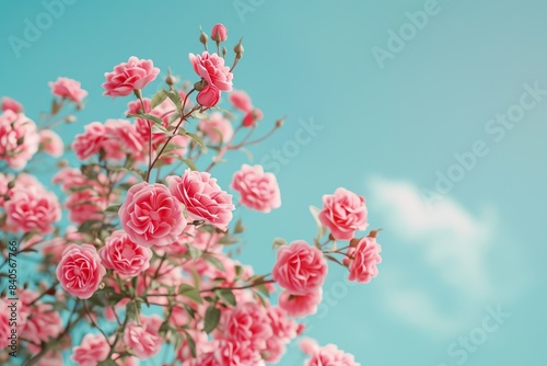 Beautiful pink roses in full bloom against a clear blue sky, capturing the essence of a perfect spring day with vibrant colors and natural beauty.