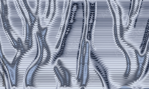 An abstract art illustration in a silver-blue hue, featuring a gradient of horizontal, wavy stripes intertwined with rigid lines.