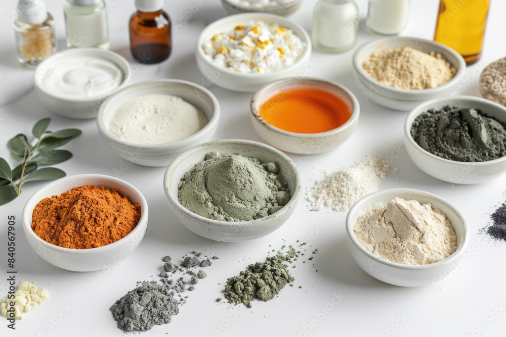 Natural Hair Care. Ingredients for Homemade Organic Skin Care Products on White Background Natural Hair Care. Ingredients for Homemade Organic Skin Care Products on White Background