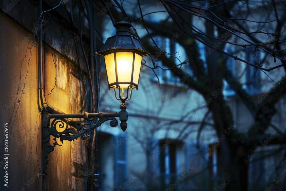 Old Street Light. Vintage Glow at Night in Dark European Street