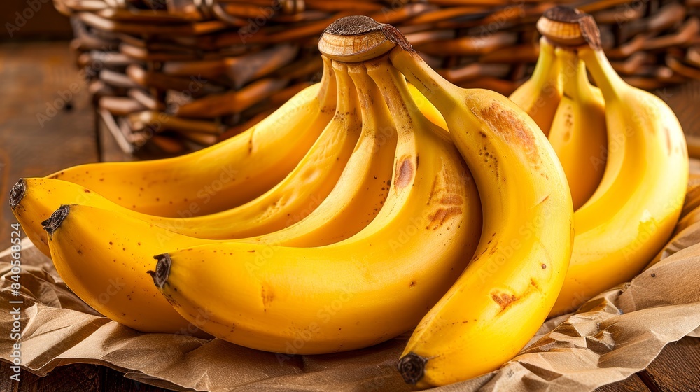 Fresh ripe bananas are in a basket, arranged beautifully on a wooden table. Perfect for a healthy snack or use in various recipes. Fresh ripe bananas are in a basket, arranged beautifully on a wooden table. Perfect for a healthy snack or use in various recipes.